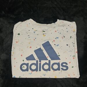 Adidas Kids' White Tee with Blue Logo and Colorful Speckles